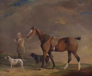Een jager met schietpony en jachthonden